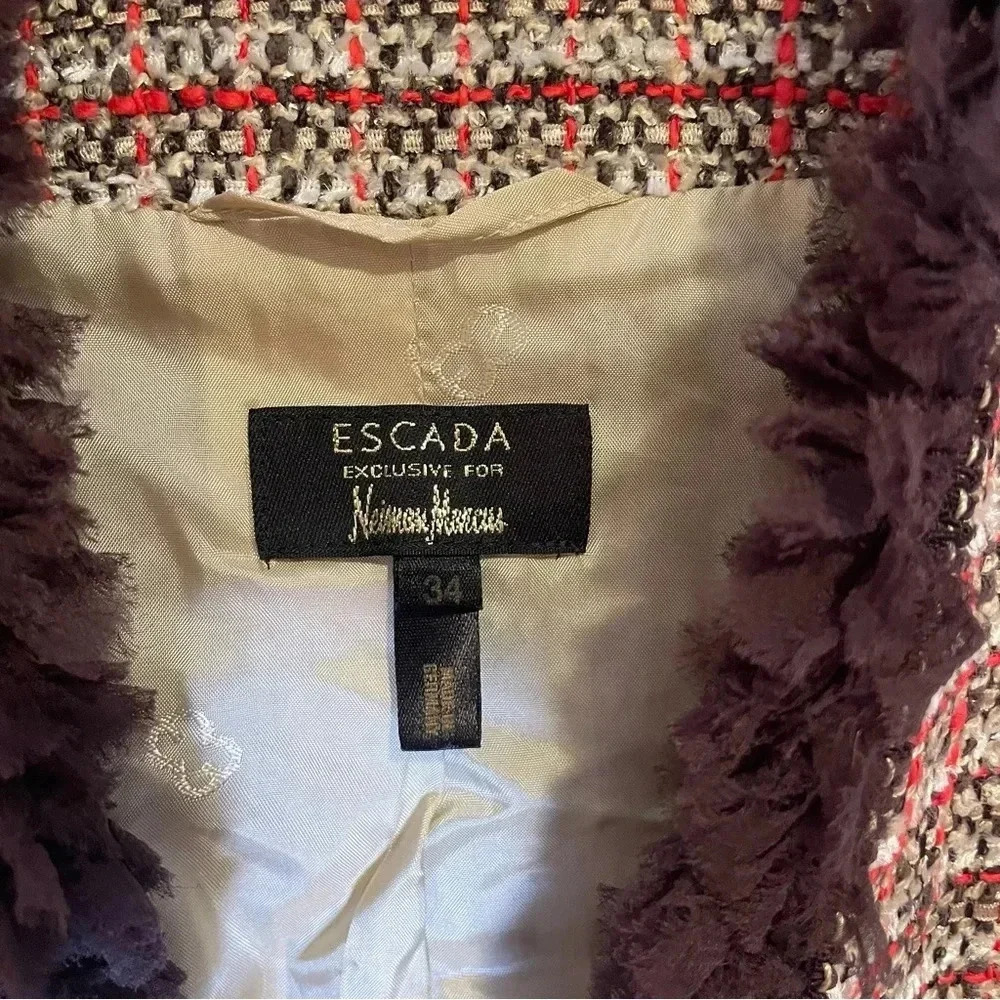 ESCADA Exclusive For Neiman Marcus Tweed Checked Jacket with Brown Trim Size 34 - Picture 4 of 11